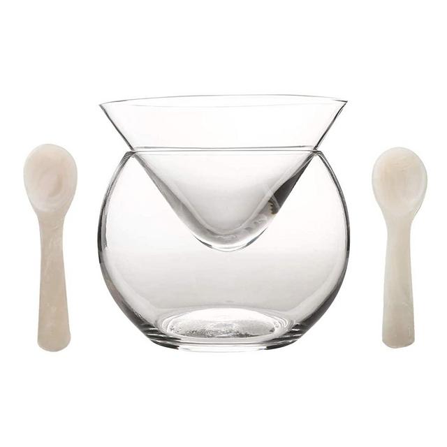 DUEBEL Glass Caviar Chiller Server Set Plus 2 pcs. x Mother of Pearl Caviar Spoon 3.15" – Universal Martini, Wine, Liquor Cocktail Chiller