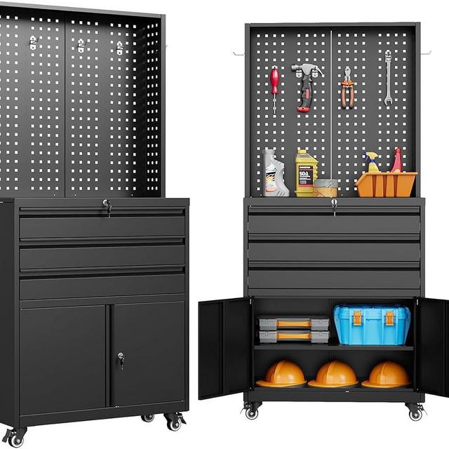 SISESOL Metal Storage Cabinet with Wheels and Drawers,Rolling Garage Storage Cabinet with Lock,Black Metal Tool Cabinet with Hooks,Tall Tool Cabinet on Wheels for Garage,Home,Office,Shop