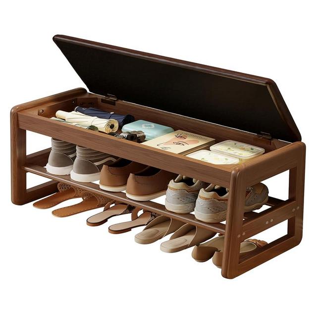 AQIMUELE Shoe Rack Bench with Cushion, 2 Tiers Shoe Bench with Flip-Top Storage,Wood Shoe Rack for Entryway,Hallway（Walnut,31.5"）