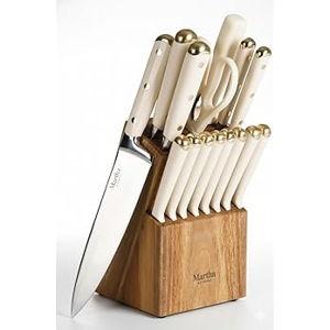 Martha Stewart 16 Piece Lockton High Carbon Stainless Steel Cutlery Kitchen Knife Block Set W/ABS Tripe Riveted Forged Handle Acacia Wood Block - Linen White W/Gold