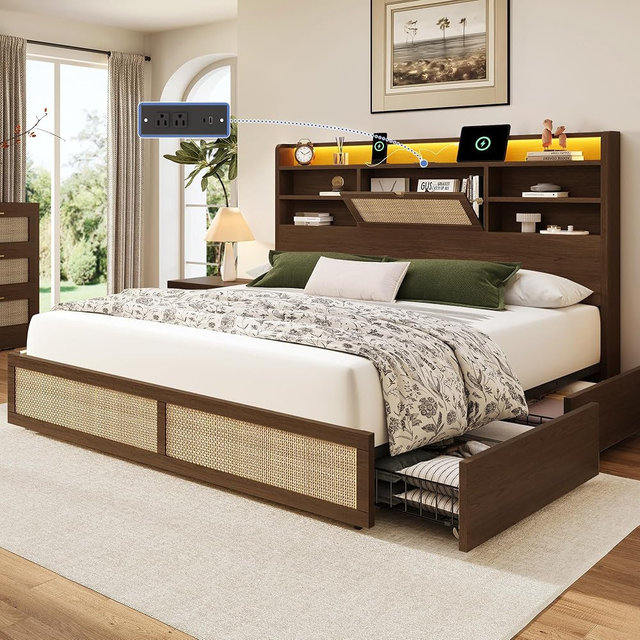 BRELTAM King Size Rattan Bed Frame with 4 Storage Drawers and Hidden Storage Headboard Wooden Platform Bed Frame with LED Lights and Charging Station, No Box Spring Needed, Easy Assembly, Brown