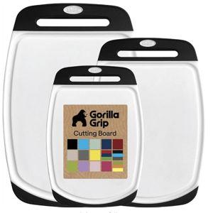 GORILLA GRIP BPA-Free Reversible Kitchen Cutting Board Set of 3, US Designed, Nonporous, Juice Grooves Catch Liquid, Slip Resistant Border, Dishwasher Safe, Durable Large Food Chopping Boards, Black