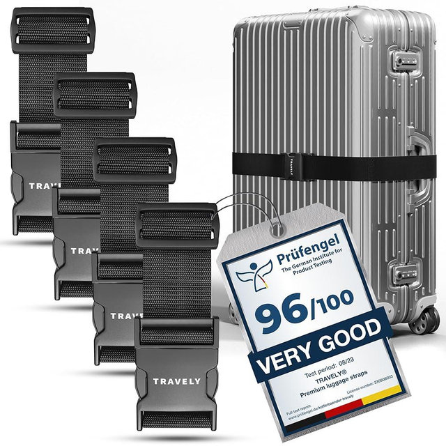 TRAVELY Luggage Straps - Particularly conspicuous & Secure - Incl. 4 Name Tags - Luggage Strap Ideal crosswise - [Set of 4]