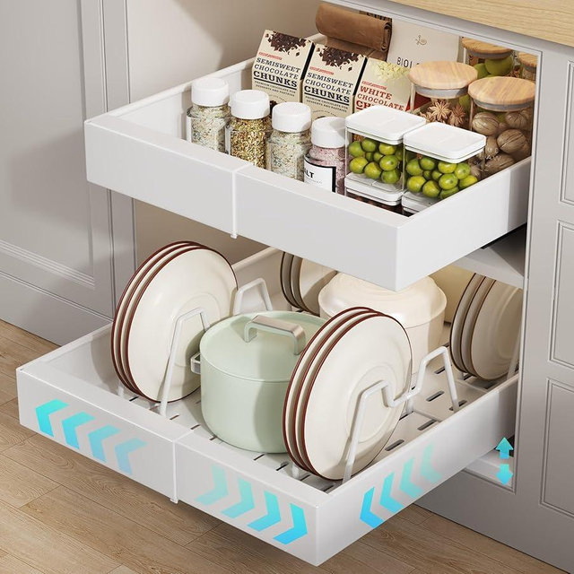Seinloes 2 Pack Pull out Cabinet Organizer 21" Deep With Raising Pad for Framed Cabinets, Expandable Slide out Drawers for Kitchen Cabinets with 4pcs Divider Racks, Roll out Shelves 9"-14" W White