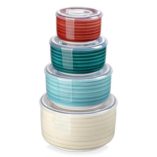 vancasso Bonbon Ceramic Nesting Bowls with Lids, Microwave Safe Food Storage Containers for Prep, Salad, Soup, Pasta, Cooking and Serving, Set of 4 (60/36/20/10 oz), Multi-color