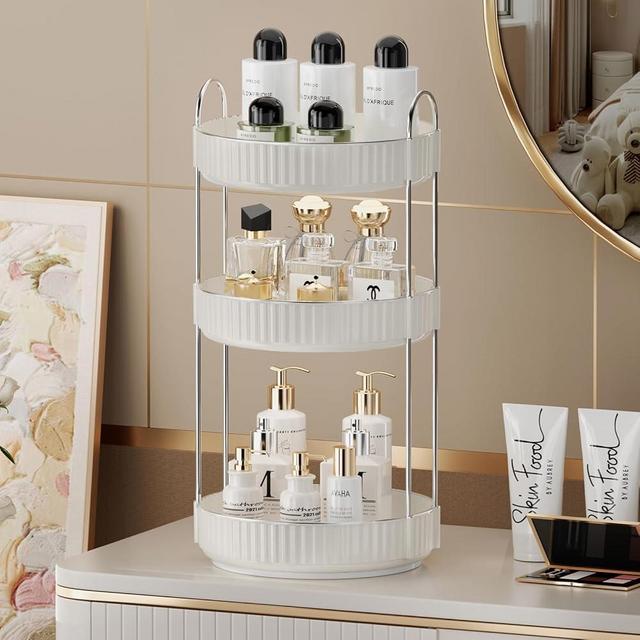 shuang qing Rotating Makeup Organizer for Vanity 3 Tier, High-Capacity Skincare Clear Make Up Storage Perfume Organizers Cosmetic Dresser Organizer Countertop 360 Spinning (Cream White)