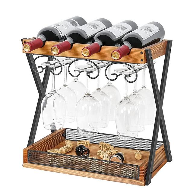 Small Wine Racks Countertop, 4 Bottles Table Top Wine Bottle Holder with 9 Glasses Wine Storage Shelf for Kitchen, Living Room, Wine Cellar,Bar