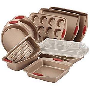 Rachael Ray Cucina Nonstick Bakeware 10-Piece Set, Latte Brown with Cranberry Red Handle Grips