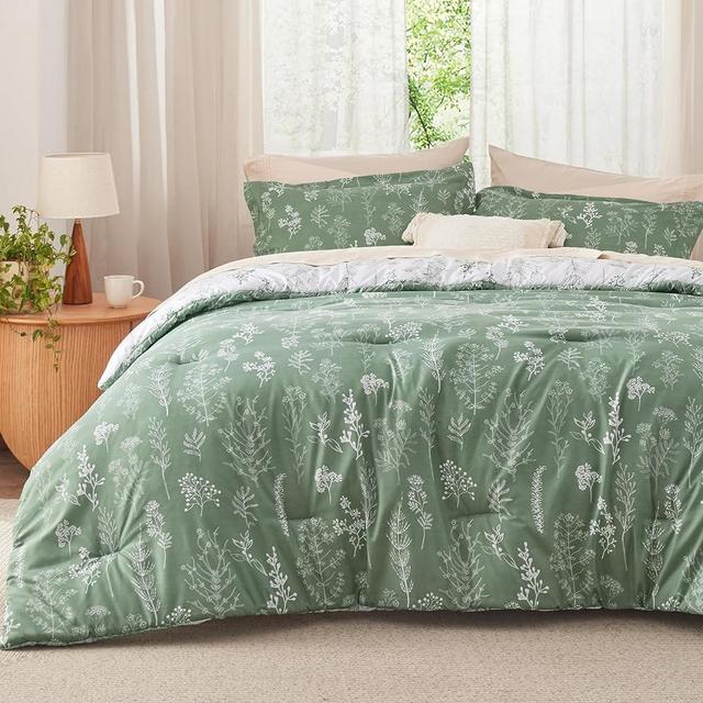 Bedsure King Comforter Set - Green Comforter, Cute Floral Bedding Comforter Sets, 3 Pieces, 1 Soft Reversible Botanical Flowers Comforter and 2 Pillow Shams