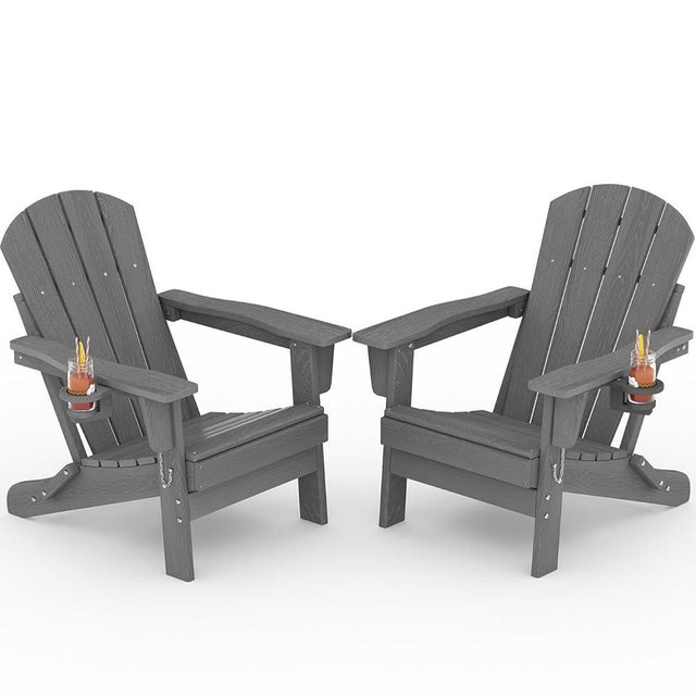 Folding Adirondack Chair Set of 2, All-Weather HDPE Outdoor Chair, Wooden Textured with Cup Holder for patios, Decks, Gardens, fire pits, Grey