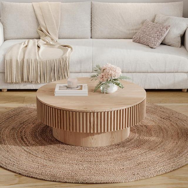 BSYEIO 31.5''Round Coffee Table with Storage, Modern Luxury Circle Drum Center Tables with Solid Wood Veneered,Accent Side Coffee Table for Living Room, Bedroom, Apartment-Natural