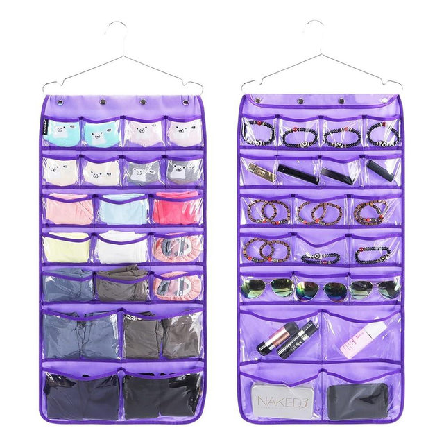 ANZORG Dual Sided Hanging Organizer for Jewelry Makeup Storage Closet Organizers for Bows Socks Underwear with 42 Clear Pockets (PURPLE)
