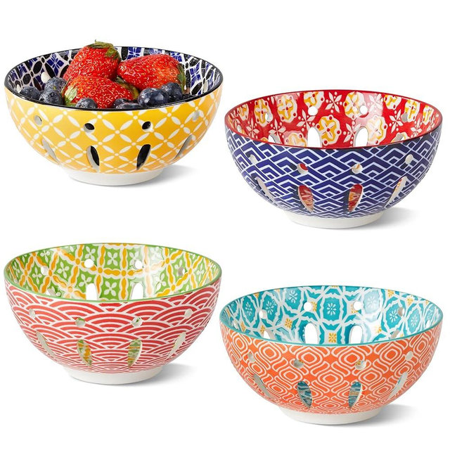 Metahom Ceramic Berry Basket, 6" Colorful Fruit Bowl, Round Berry Colander, Cute Small Container for Strawberry, Fruit Basket for Kitchen Counter, Set of 4