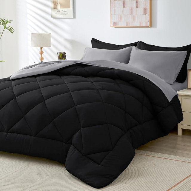 HEVUMYI Comforter Set 7 Pieces, All Season Reversible Bed in a Bag, Ultra Soft Queen Bedding Sets with Grey Comforter, Flat Sheet, Fitted Sheet, Pillowcases, Pillow Shams (Black & Light Grey, Queen)