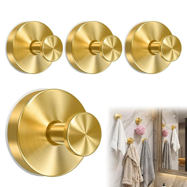 4 Pack Suction Cup Hooks for Shower, Removable Shower Hooks for Inside Shower, Metal Towel Hooks for Bathrooms, Suction Cups for Glass Door, Window, Wall, Mirror, Bathroom, Wreath Hangers (Gold)