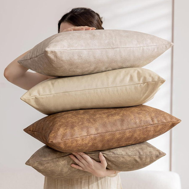 GEGELICA Pack of 4 Neutral Lumbar Decorative Faux Leather Throw Pillow Covers 12x20 inch, Soft Modern Boho Luxury Waterproof Floor Cushion Cases, for Outdoor Lounge Sofa Couch Bed Home Decor