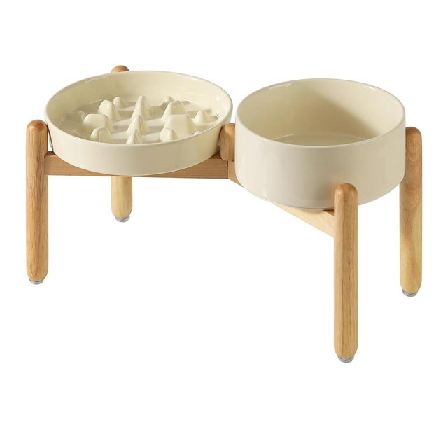 Havniva Ceramic Raised Slow Feeder Dog Bowl Set, Elevated 7.3inch Bowl and 8.2inch Slow Pet Food Dish with Wooden Stand for Medium and Large Dog (2 x Beige+ Stand)