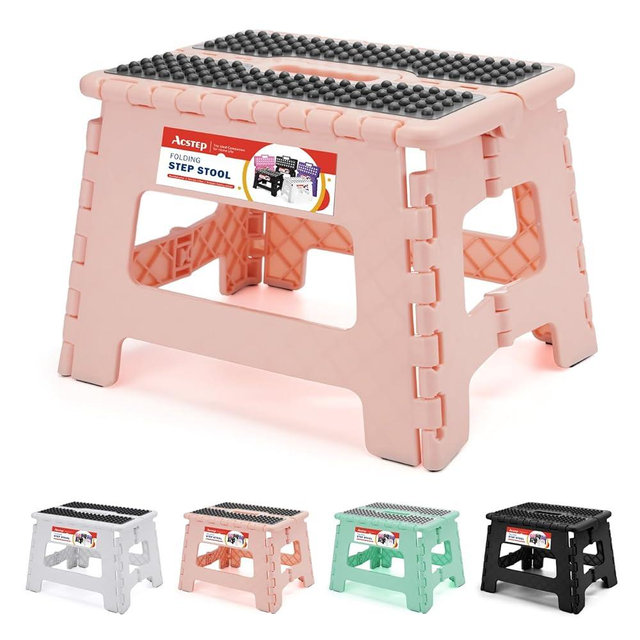 ACSTEP 9 Inch Folding Step Stool 300 LB Capacity Non Slip Foot Stool with Handle Plastic Foldable Step Stools for Kids Stepping Stool for Bathroom Black Small Step Stool (1 PC Pink)