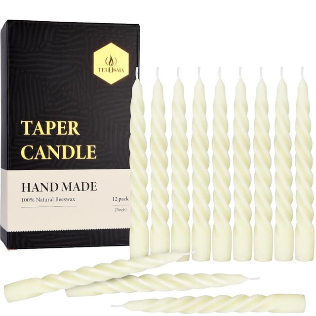 12 pcs Natural Beeswax Spiral Taper Candles, Dripless Short Candle Sticks for Dinner Wedding Party Christmas Home Decorations - 7 Inch Tall- Off White