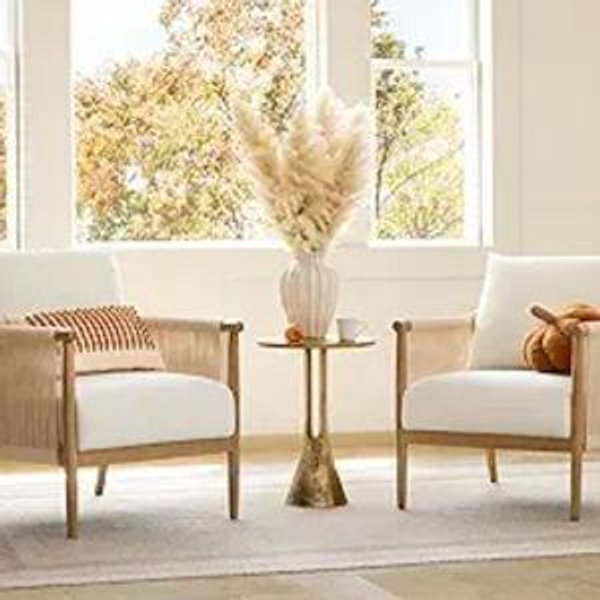 CHITA Braid Accent Chair Set of 2, Modern Armchair with Solid Wooden Armrest for Living Room and Bedroom, Boho Reading Chair, Cream