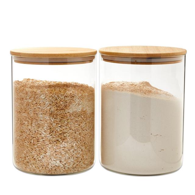 Juvale 2 Pack Large Bamboo Glass Storage Containers with Lids, 100 Oz Glass Jars, Pantry Storage Containers