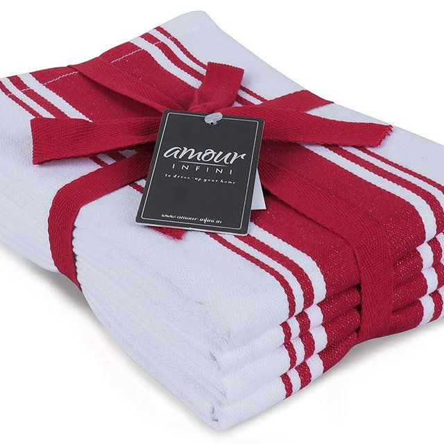 AMOUR INFINI Kitchen Towels 100% Cotton Pack of 4, Highly Absorbent Quick Drying Premium Striped Dish Towel for Kitchen with Hanging Loop Hand & Tea Towels (Red)