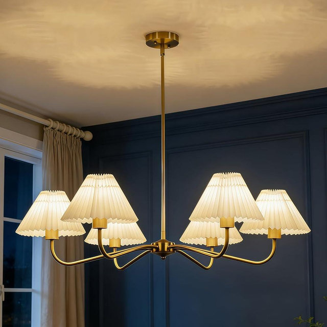 TinHon Gold Chandeliers for Dining Room, 35.8" Antique Brass Modern Chandelier with White Fabric Pleated Shade, 6-Light Classic Pendant Light Fixture Over Table for Kitchen Island Entryway, E26