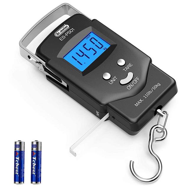 Dr.meter Backlit LCD Display Fishing Scale, 110lb/50kg Electronic Balance Digital Fishing Postal Hanging Hook Scale with Measuring Tape, 2 AAA Batteries Included
