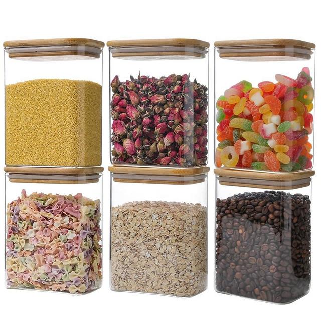 Liuruiyu Glass Storage Jars 12 * 8cm [Set of 6],Clear Glass Food Storage Containers with Airtight Bamboo Lid Stackable Kitchen Canisters for Candy,Cookie,Rice,Sugar,Flour,Pasta(Square)