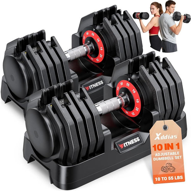 XDDIAS Adjustable Dumbbell Set of 2, 25/55/80LB Dumbbell Set-1Sec Adjustable Weights 5/10/16 in 1 Free Weights Dumbbells Set with Anti-Slip Metal Handle-Compact Size for Men Women Home Gym