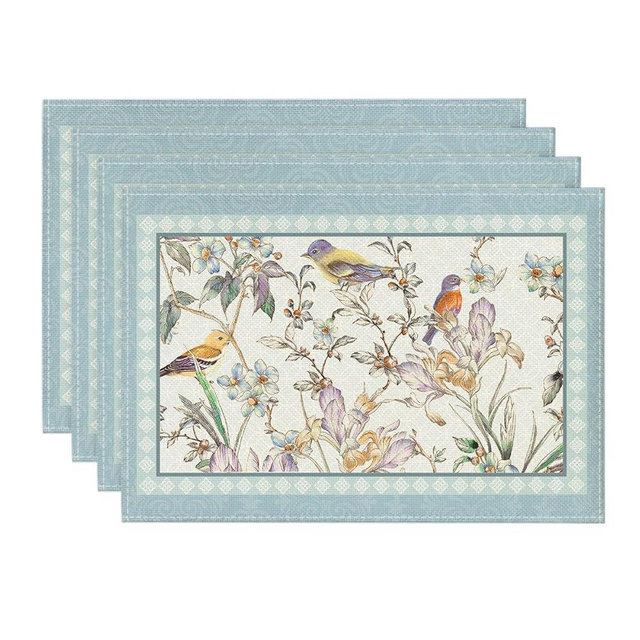Artoid Mode Blue Birds Flowers Blossom Placemats Set of 4, 12x18 Inch Table Mats for Table Runner Party Kitchen Dining Decoration