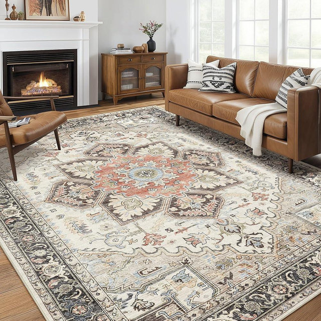 homewill Area Rug 9x12 for Living Room, Medallion Printed Ultra-Thin Soft Large Carpet, Oriental Non Slip Big Washable Fade Stain Resistant Rugs for Bedroom Dining Room Home Office Decor