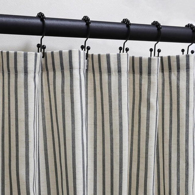 CasaTena Farmhouse Striped Shower Curtain - 72x72 Inches, Linen Blend Fabric, Breathable & Machine Washable, Rustic Black for Bathroom Decor (Hooks/Liner Not Included)