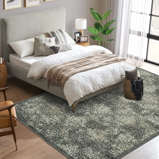 Washable Area Rug Vintage Distressed Rugs for Living Room Bedroom, Low Pile Non-Slip Rug: 8'x10' Green Floral Pattern
