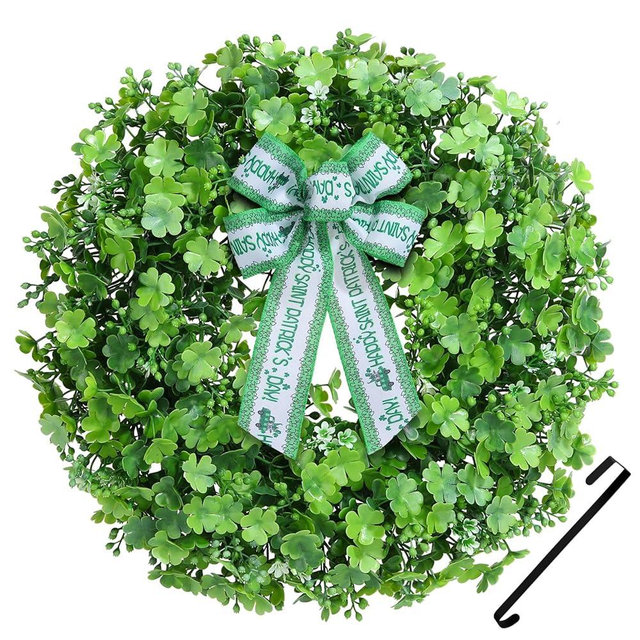 Huadanbor Wreath, St. Patrick's Day Wreaths, Wreaths for Front Door, Including Bowknot and Wreath Hanger, for Spring Summer. Indoors,Outdoors, corridors, Offices. (Green)