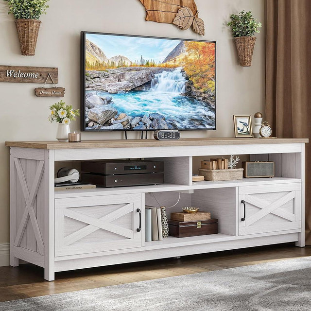 YITAHOME White TV Stand for 75 Inch Television Stand, Farmhouse Entertainment Center with Power Outlets and Open Shelf, Rustic Media Console TV Cabinet for Living Room, Grey White/Grey Wash