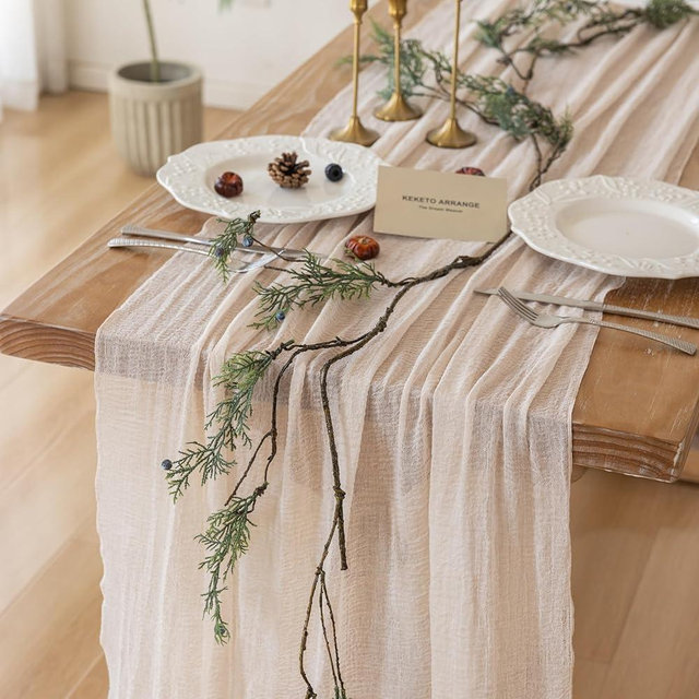 Keketoarrange Beige Gauze Rustic Cheesecloth Table Runner 120 Inch 10 FT for Wedding Baby Shower Bridal Shower Birthday Engagement Garden Outdoor Party Long Sheer Boho Decorations