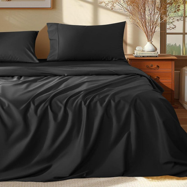 Shilucheng 100% Egyptian Cotton Queen Size Sheets Set - 1000 Thread Count，Luxury Cotton Bed Sheets，Breathable & Cooling Bedding and Pillow Cases, 16 Inch Deep Pocket - 4 Piece (Black, Queen)
