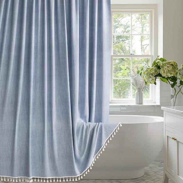 AmazerBath Blue Boho Shower Curtain with Tassels, Farmhouse Shower Curtains for Bathroom, Faux Linen Shower Curtain with Hooks, Fabric Shower Curtain Rustic, Vintage Shower Curtain Set, 72x72 Inches