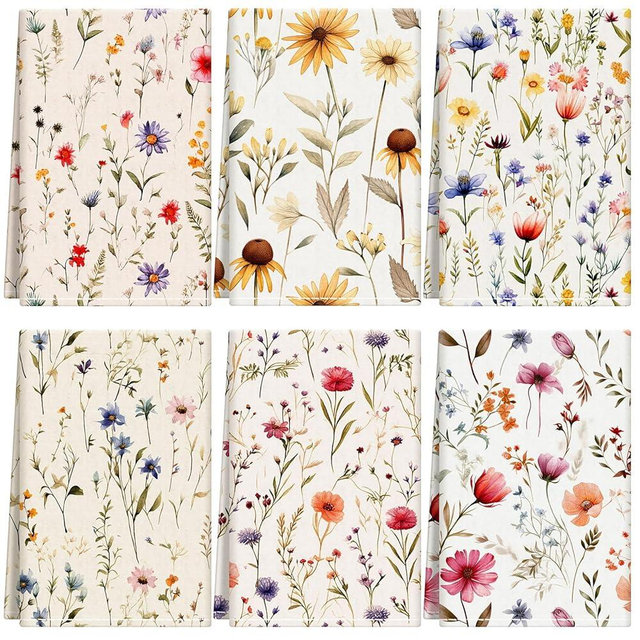 HunnmingRe Wildflower Floral Flour Sack Towels - Set of 6 Spring Flour Kitchen Towels Large 28 x 27 Inch Reusable Versatile Cotton Cloths Bathroom Decor Housewarming Gift, Vintage Flower(Vintage)