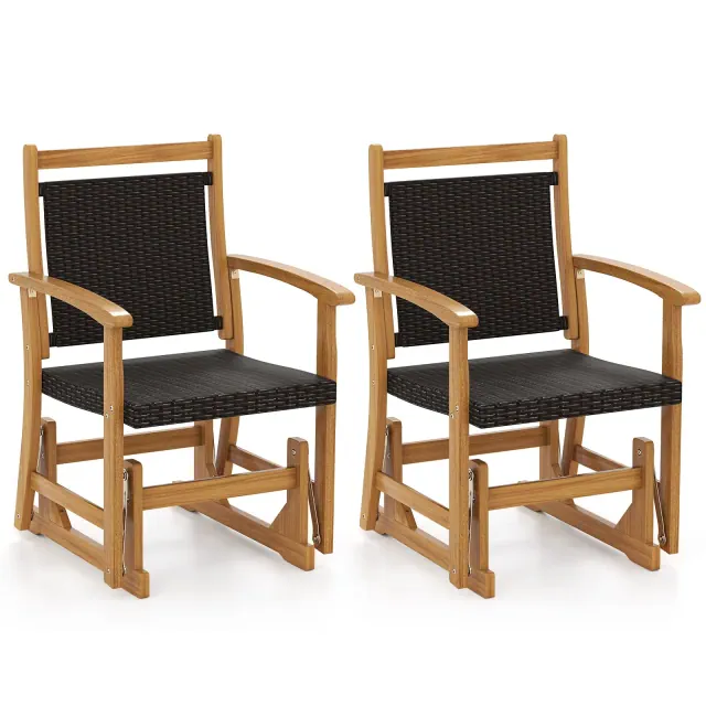 Costway 2PCS Patio Rattan Glider Chair w/ Acacia Wood Frame & Wicker Seat Back Armrests