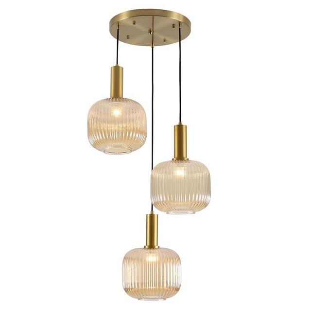 BOKT Gold Cluster Globe Glass Ceiling Chandelier 3-Light Amber Hanging Pendant Light Brushed Brass Dining Room Chandelier Stair Adjustable Hanging Light Fixture for Corridor Entryway