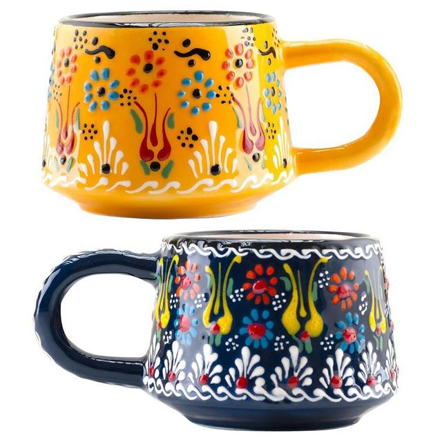 BCS 6 Oz Cappuccino Cups Set of 2, Ceramic Coffee & Tea Mugs, Colorful Handmade Cups, Dishwasher & Microwave Safe Ceramic Mugs (3 Inches, Yellow - Navy Blue)