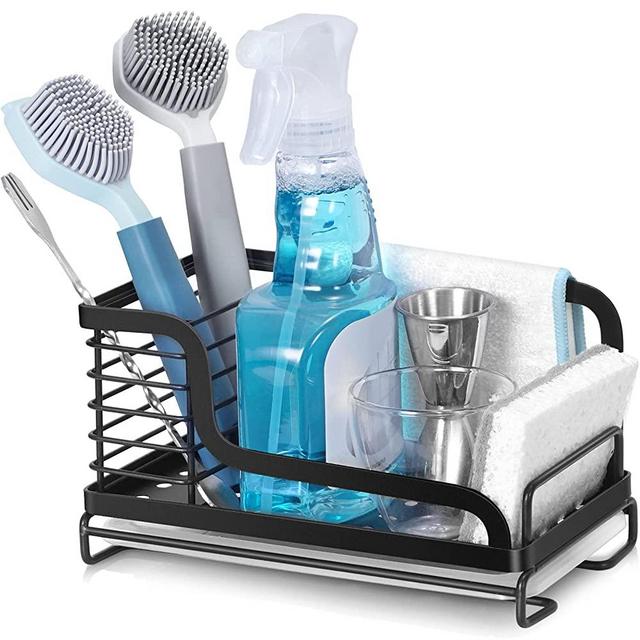 ODesign Kitchen Sink Organizer Sponge Brush Holder with Drain Pan Tray Sink Caddy Countertop Stainless Steel Rustproof - Black