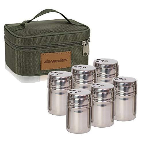 Portable Stainless Steel Spice Shaker Seasoning Dispenser - 6 Pc Set with Rotating Lids and Travel Bag| Spice Jars - Salt and Pepper Shakers - Dry Herb Spice Condiment Dispenser |Camping|Hiking|BBQ