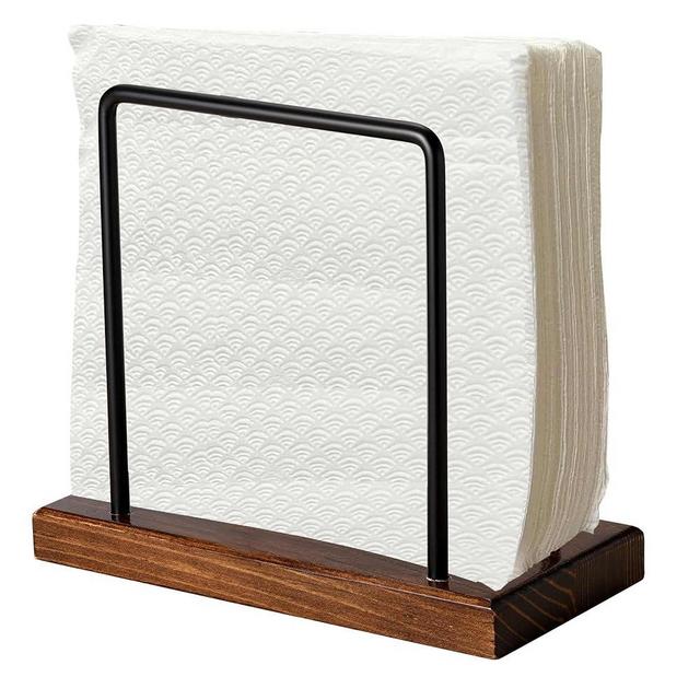 WWW-WOODART Napkin Holder for Table Napkin Holders for Kitchen Napkin Holders for Paper Napkins Cocktail Napkin Holder Black Napkin Holder Wooden Napkin Holder Metal Napkin Holder (Black-Brown)