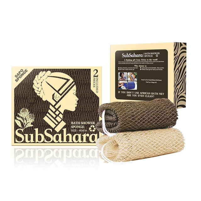 SubSahara Authentic African Net Sponge - 2 Pieces Exfoliating Scrubber for All Skin Types, Bath Sponge for Face & Body, Travel Portable, Durable, Gentle Exfoliation (Linen & Brown)