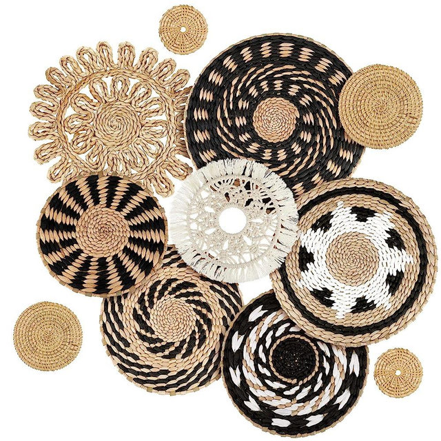 Tatuo 11 Pcs Boho Wall Basket Decor Decorative Bulrush Woven Basket Wall Decor Boho Wall Art Round Farmhouse Wall Hanging Baskets for Rustic Home Kitchen Decorations, 7 Sizes