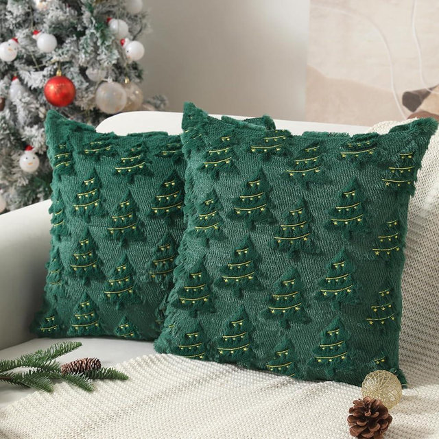 Allorry Christmas Pillow Covers 18x18 inch Set of 2 Soft Plush Faux Fur Christmas Decor Green Xmax Tree Yellow Colored Lights Decoration Throw Pillow Case for Winter Holiday Sofa Living Room PT003A18