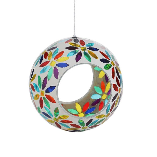 VOREEN Mosaic Glass Bird Feeder – 6" Handcrafted Hanging Fly-Through Feeder for Outdoor Garden Décor, Wild Bird Seed Feeder with Multicolor Floral Design – Gift for Mom Wife Friend Nature Lovers
